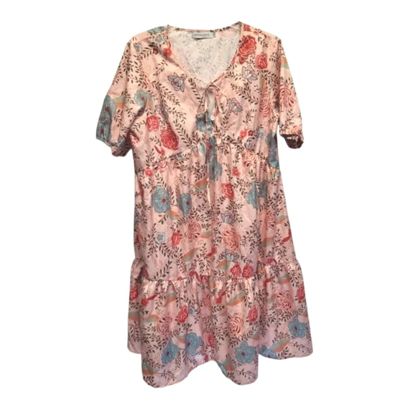 MISSLOOK Peach Floral Puff Sleeve V-Neck Tiered Ruffle Midi Dress - Size XL - Picture 2 of 7